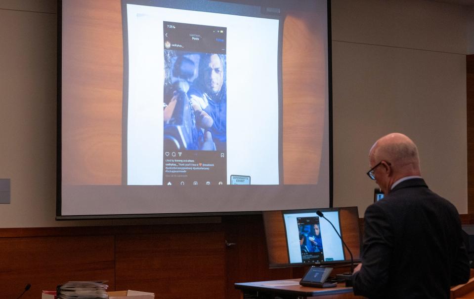 Defense Attorney Steve Nolder shows a photo of Casey Goodson Jr. that was on his instagram page in the trial of Former Franklin County Sheriff's office deputy Jason Meade.