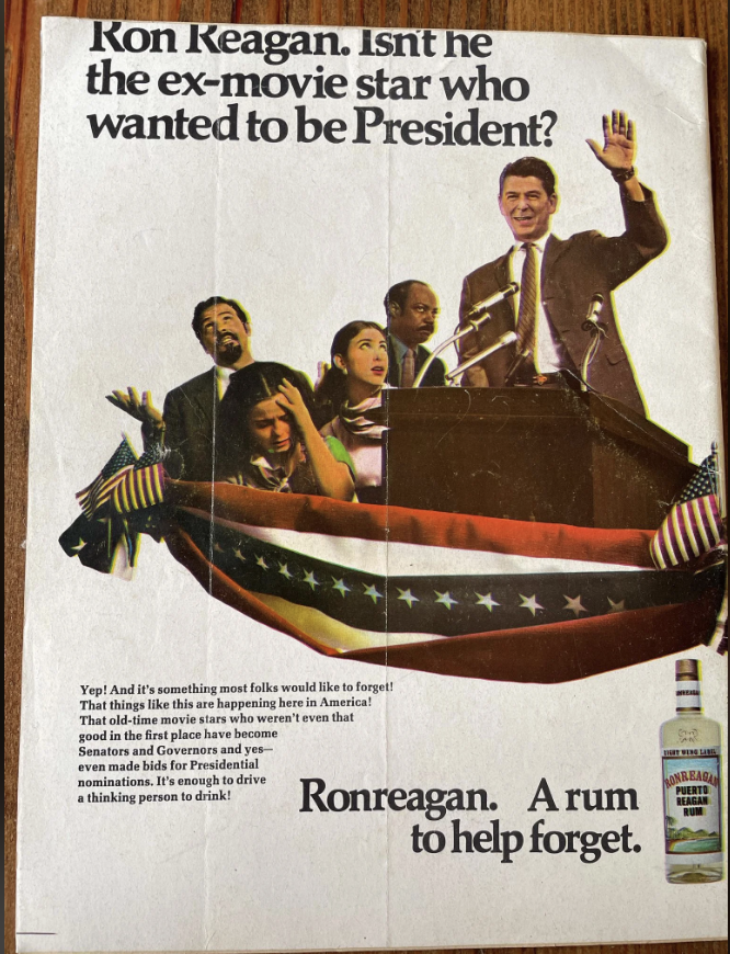 Ron Reagan, standing at a podium with three others, is featured in a political-themed rum advertisement. Text indicates his presidential aspirations