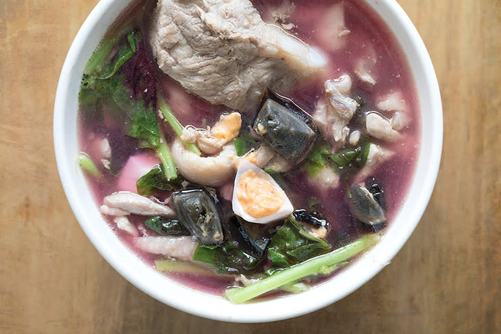 This soup has a lovely pinkish-violet hue that comes from the purple Chinese spinach leaves.