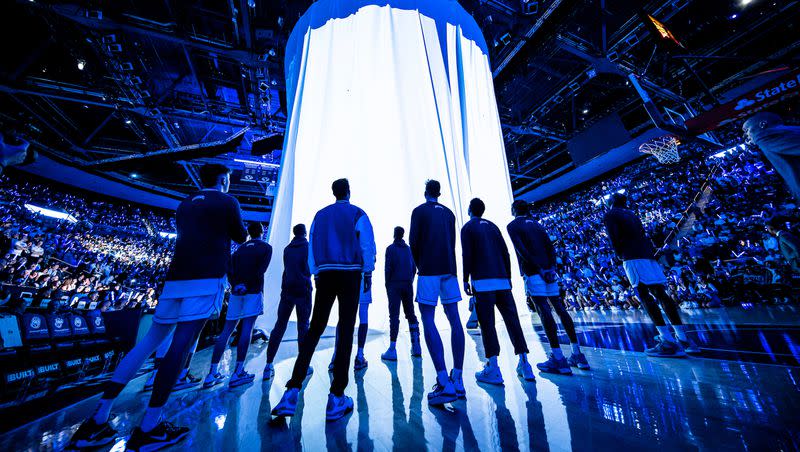 BYU players look on during pregame activities prior to the Cougars’ game with Gonzaga Jan. 12, 2023, in the Marriott Center in Provo. Next season the Cougars will be participating in the Big 12, where the stakes will be higher and the opponents much, much tougher.