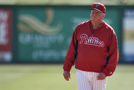 FILE PHOTO: Philadelphia Phillies manager Manuel watches his players during a workout before a MLB spring training baseball game with the Toronto Blue Jays in Clearwater, Florida