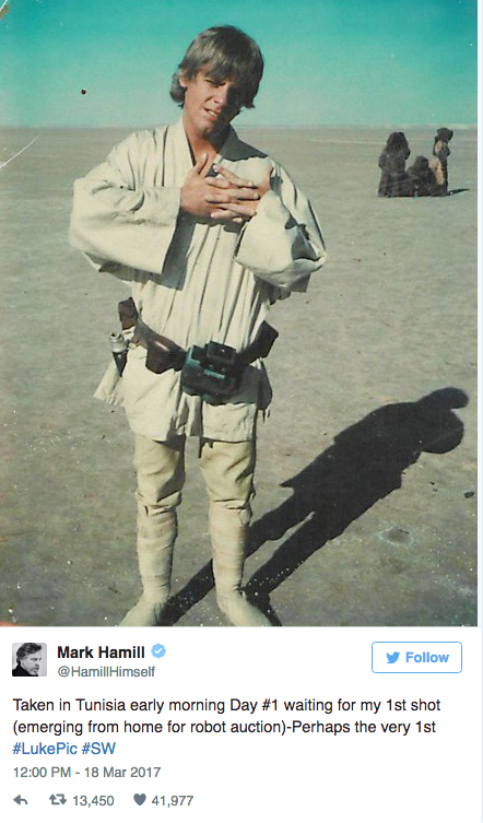 The photo is from day one of shooting *Star Wars* in Tunisia in 1976.