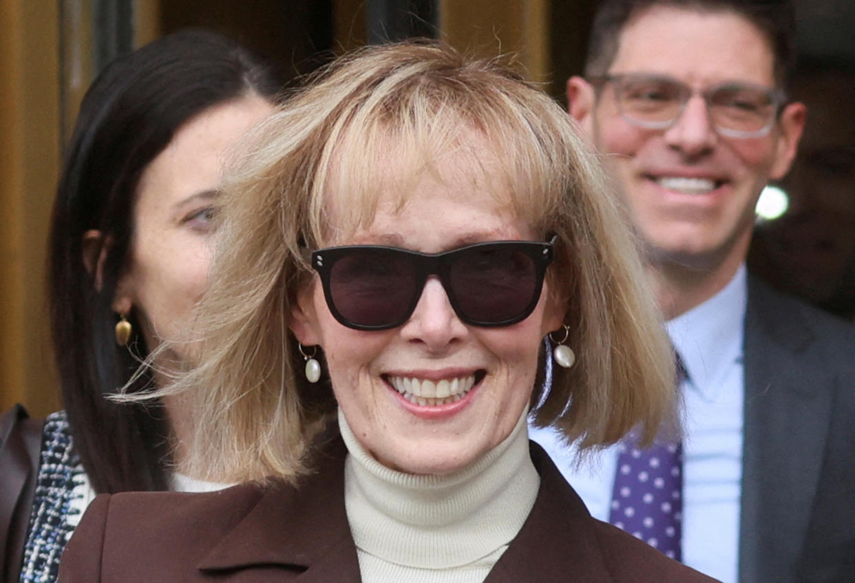 E. Jean Carroll reacts as she exits the Manhattan Federal Court following the verdict in the civil rape accusation case against former President Donald Trump, in New York City, May 9, 2023. (Brendan McDermid/Reuters)