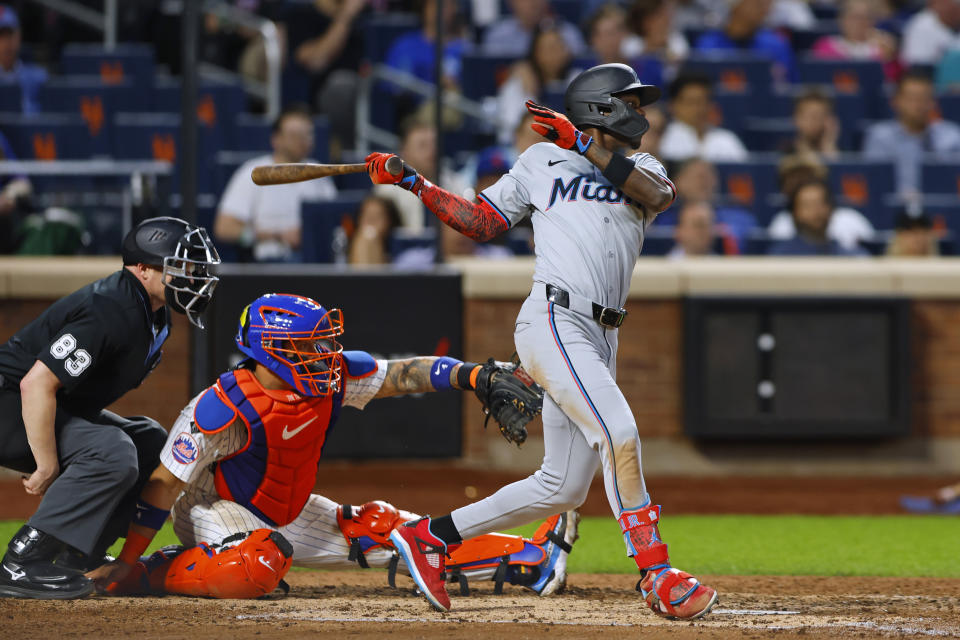 Miami Marlins' Jazz Chisholm Jr. watches his RBI single against the New York Mets during the fifth inning of a baseball game Wednesday, June 12, 2024, in New York. (AP Photo/Rich Schultz)