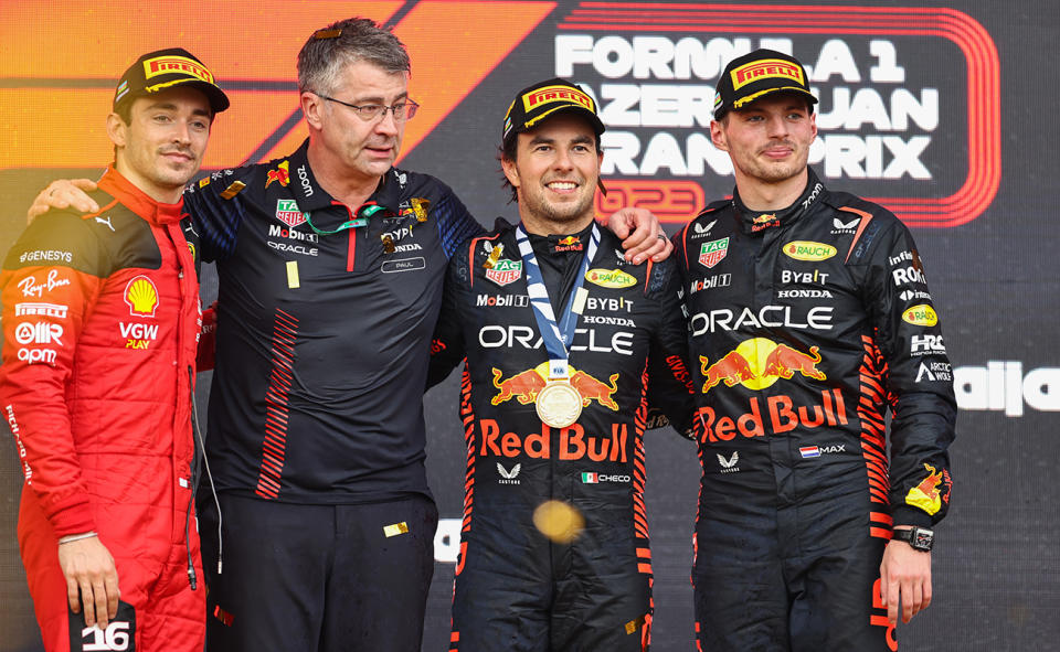 Charles Leclerc, Sergio Perez and Max Verstappen, pictured here on the podium after the Azerbaijan Grand Prix.