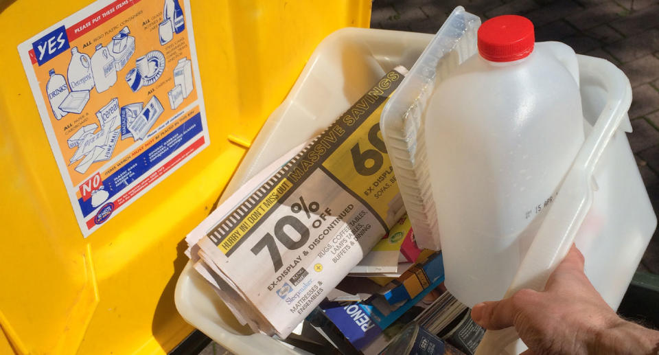 Recycling bin pictured filled with waste as Australia plans to ban all waste export by 2020. 