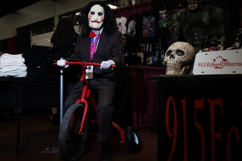 Hailey Crumbly from the 915 Echoes of Horror Haunted House dressed up as Billy the Puppet from the Saw franchise for the El Paso Horrorfest on Saturday, Oct. 7, 2023, at the convention center.