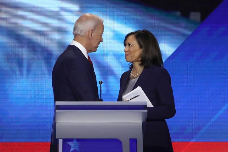 Biden and Harris speak after the Democratic presidential debate at Texas Southern University in September in Houston.