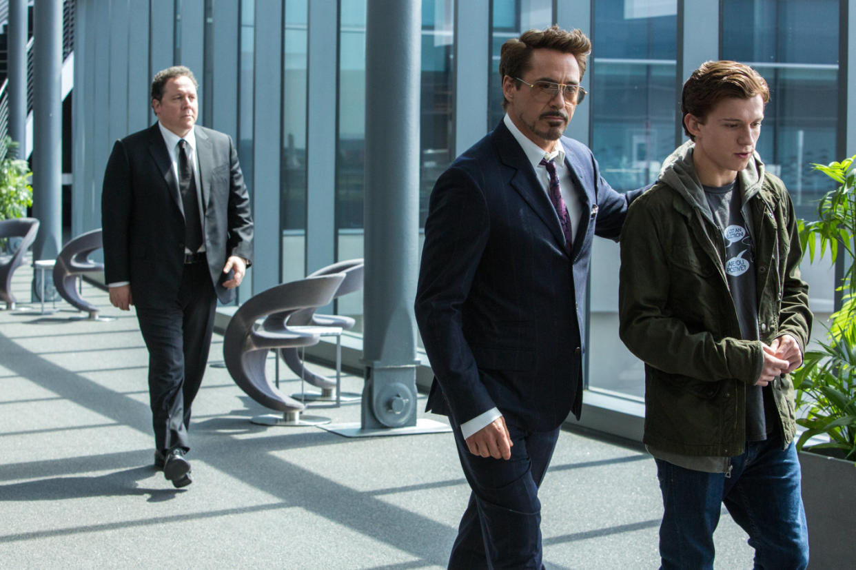 Jon Favreau, Robert Downey Jr., and Tom Holland in 2017's <i>Spider-Man: Homecoming</i>. (Sony Pictures)