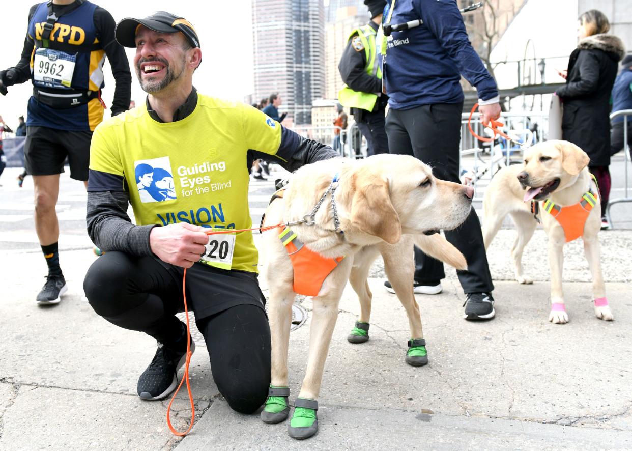 Gus and Waffle join Guiding Eyes for the Blind President and CEO, Thomas Panek, as he runs First-Ever 2019 United Airlines NYC Half Led Completely by Guide Dogs on March 17, 2019 in New York City. 
