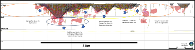 <i><strong>Figure 3</strong>: Longitudinal view showing the conceptual open pit with block model filtered to 1.5 g/t Au, arrows identifying potential areas under the conceptual pit.</i>