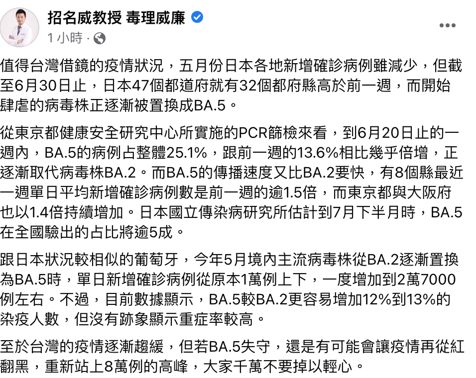 毒理專家招名威表示，以日本疫況狀況來看，若BA.5失守，還是有可能重新站上8萬例的高峰！   圖：翻攝自 招名威教授 毒理威廉/臉書專頁