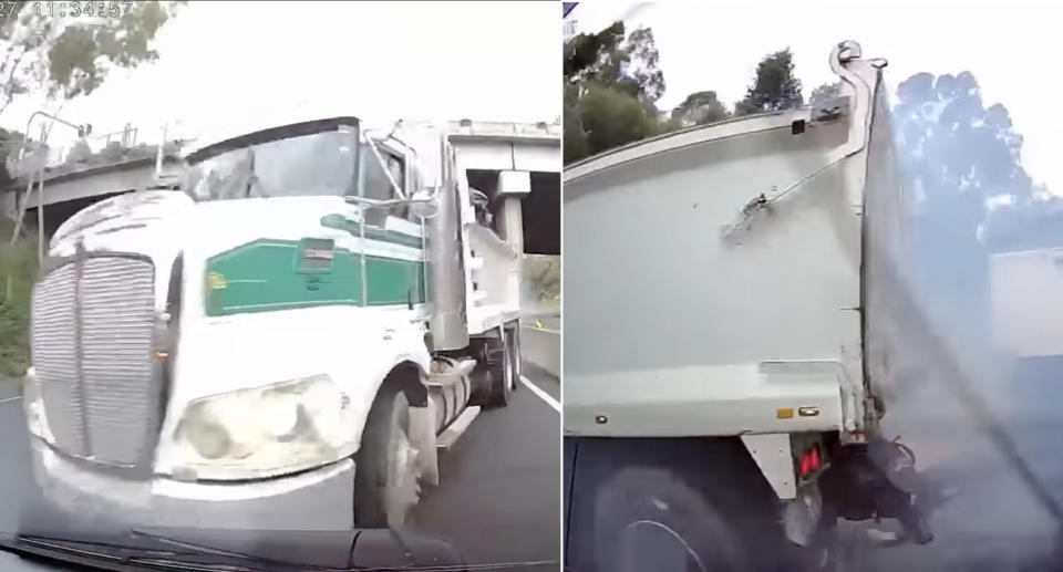 A truck is seen in the rear-view dashcam video on the M5 (left), before it jackknifes across two lanes (right).