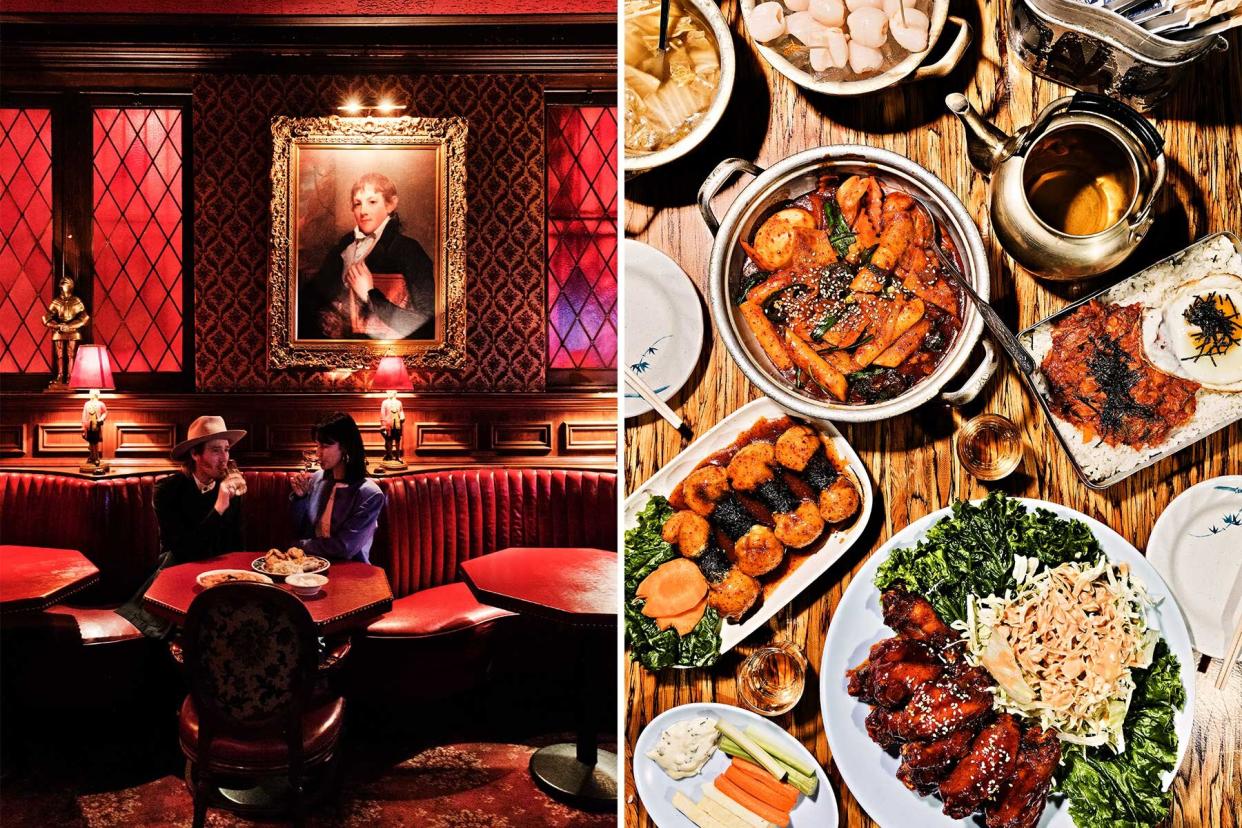 Two scenes from LA's Koreatown, including the ornate interior of the Prince cocktail bar, and a spread of Korean dishes at Dan Sung Sa