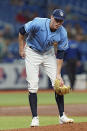 Tampa Bay Rays pitcher Ryan Yarbrough reacts after getting hurt during the third inning of a baseball game against the Toronto Blue Jays Thursday, Sept. 22, 2022, in St. Petersburg, Fla. Yarbrough left the game. (AP Photo/Chris O'Meara)