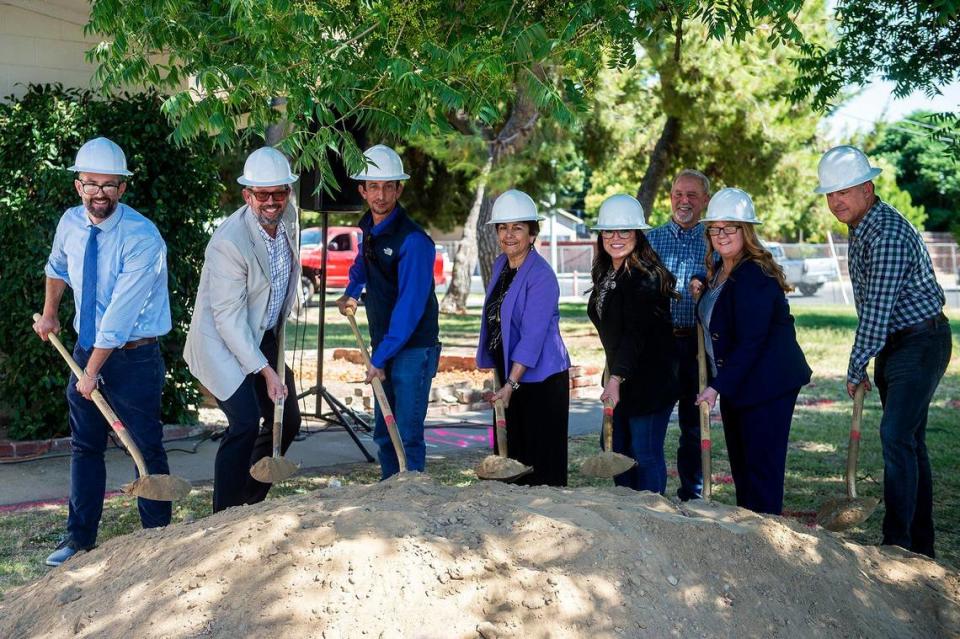 Ground is broken for a project that calls for renovations to Del Hale Hall and the relocation of the Dos Palos branch of the Merced County Library at O’Banion Park in Dos Palos, Calif., on Wednesday, Aug. 2, 2023.