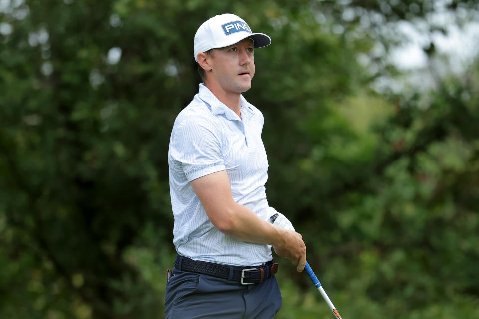 Mackenzie Hughes of Canada reacts after his shot from the 15th tee during the first round of the Sanderson Farms Championship at The Country Club of Jackson on October 05, 2023 in Jackson, Mississippi. (Photo by Jonathan Bachman/Getty Images)