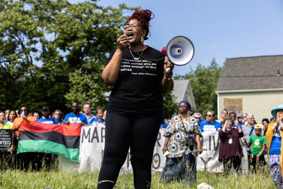 Poet Jillian Hanesworth recites a poem at a March For Our Lives event on June 11, 2022 in Buffalo, New York.