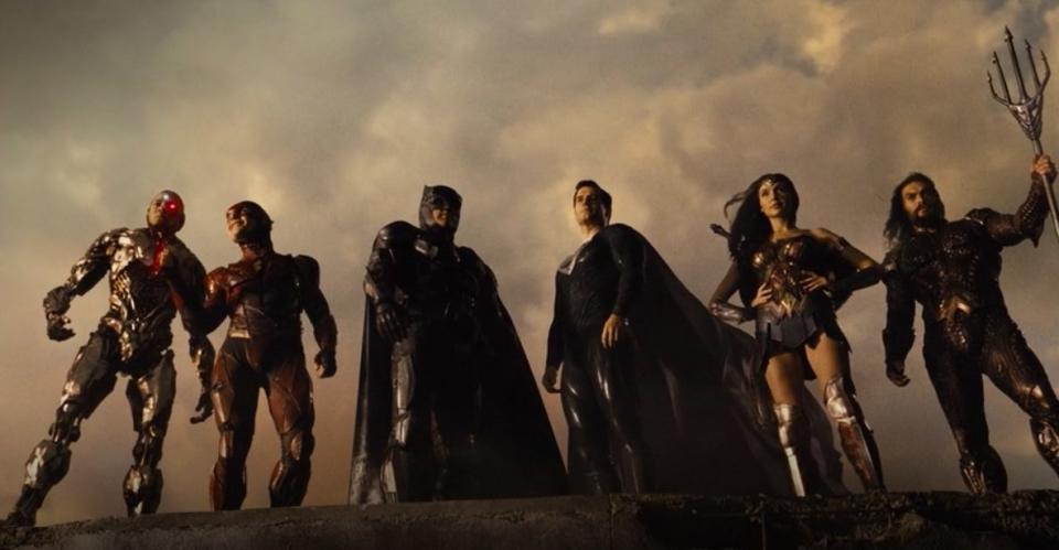 The Justice League standing on top of a nuclear cooling tower in "Zack Snyder's Justice League"