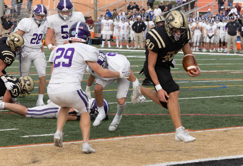 Boro Jake Croce scored a touchdown to put his team up 27-14. Point Pleasant Borough football defeats Rumson-Fair Haven on September 30, 2023 in Point Pleasant Boro.