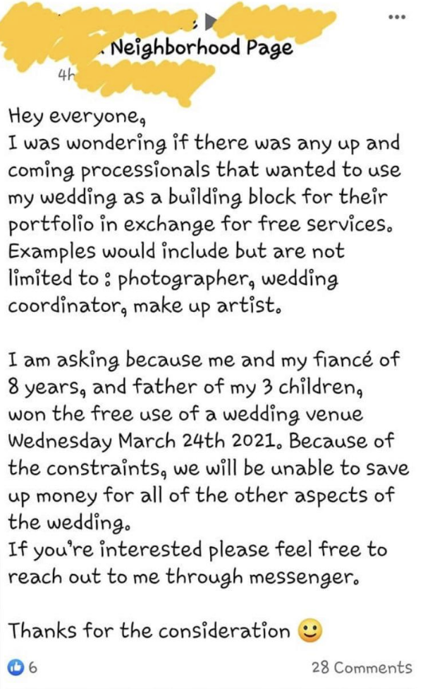 Screenshot of someone being entitled about their wedding