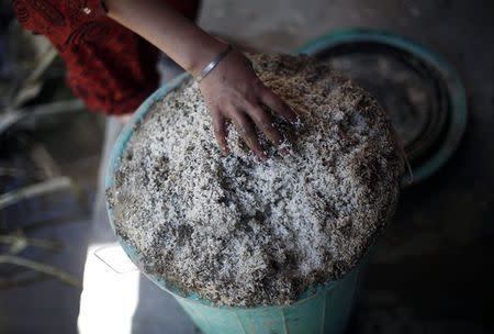 A Kashmiri woman opens a drum of destroyed rice due to flood in Srinagar September 15, 2014. REUTERS/Adnan Abidi