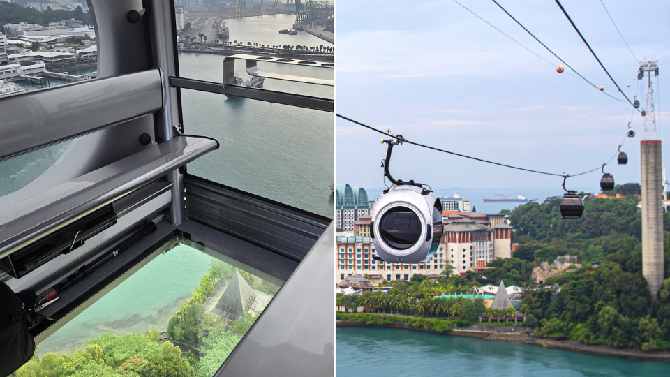 Interior of SkyOrb Cabin with glass-bottom floor (left) and SkyOrb Cabin on the Mount Faber Line (Photos: Mount Faber Leisure Group) 
