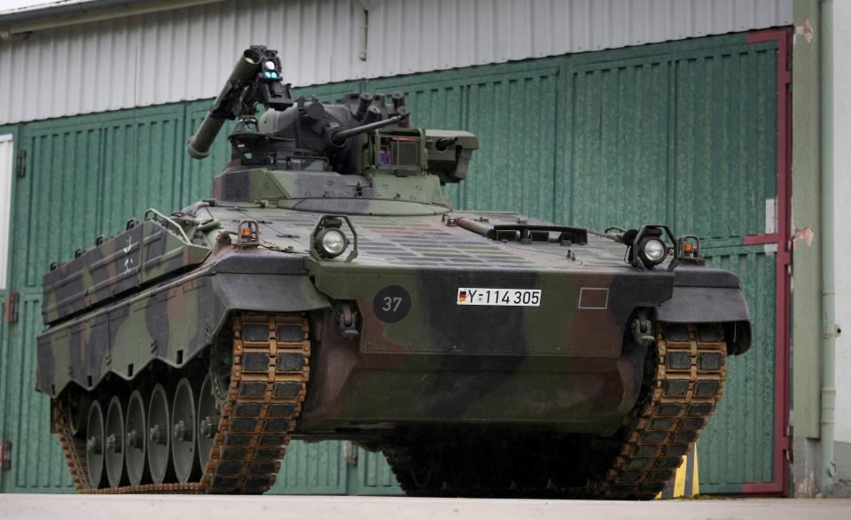 A Marder armored personnel carrier is on display during a presentation at the 'Erzgebirgskaserne' barracks in Marienberg, eastern Germany, Thursday, Jan. 12, 2023.