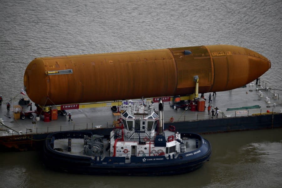 NASA's only remaining space shuttle external tank makes its way through the Panama Canal, in Panama City, on April 26, 2016 during its journey to the California Science Center in Los Angeles. (Getty Images)