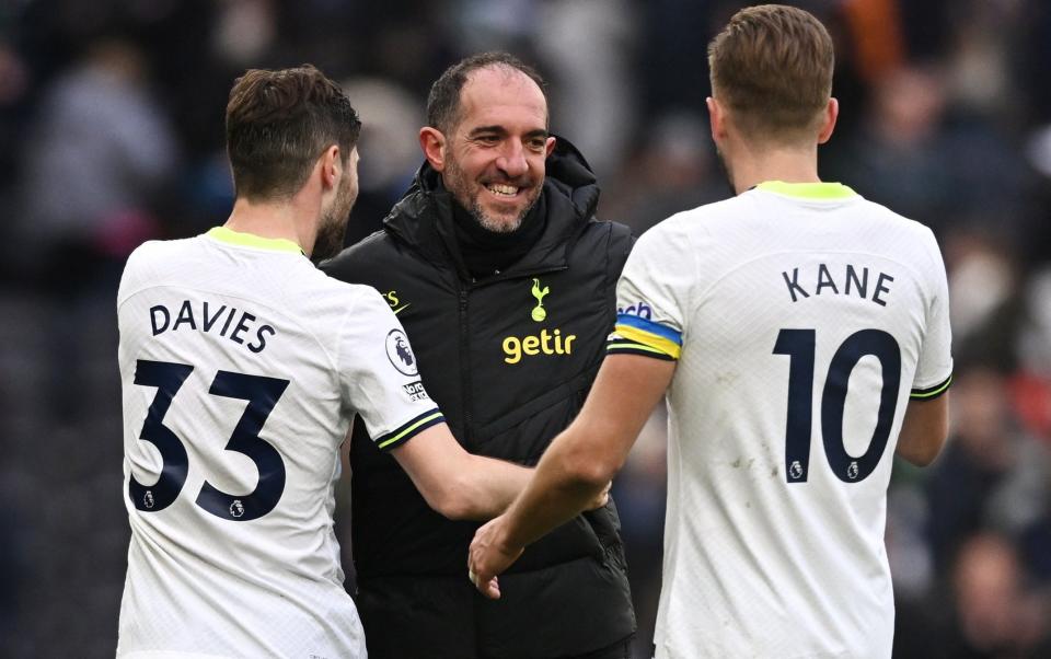 Tottenham Hotspur assistant manager Cristian Stellini, Ben Davies and Harry Kane celebrate after the match - Reuters/Dylan Martinez