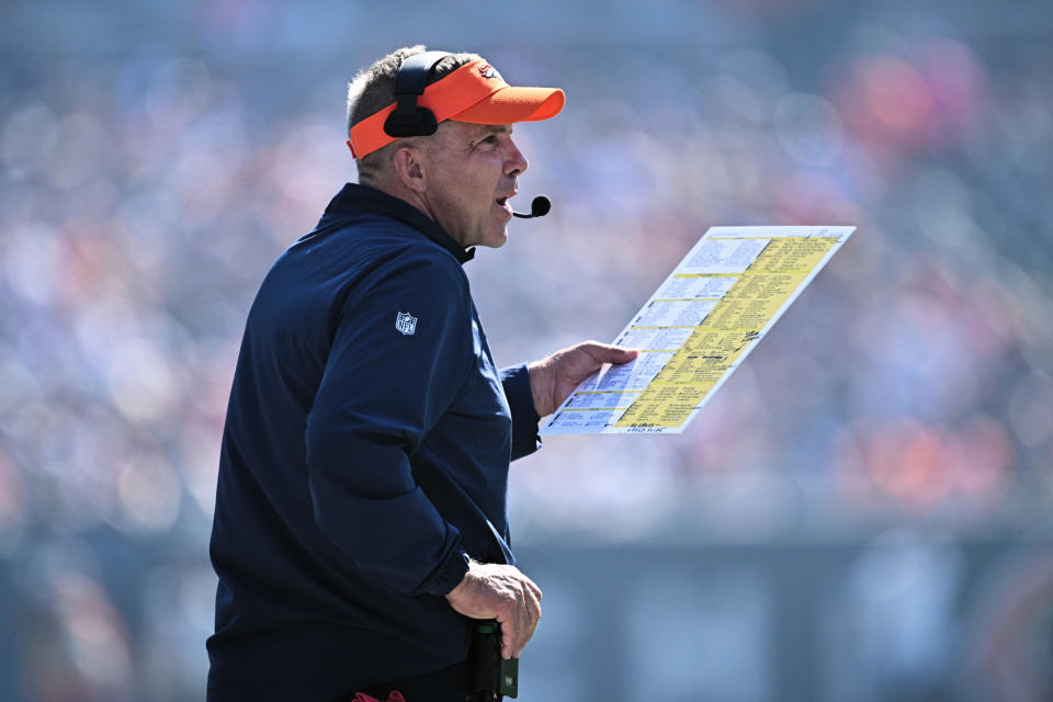 Oct 1, 2023; Chicago, Illinois, USA; Denver Broncos head coach Sean Payton watches his team play against the <a class="link " href="https://sports.yahoo.com/nfl/teams/chicago/" data-i13n="sec:content-canvas;subsec:anchor_text;elm:context_link" data-ylk="slk:Chicago Bears;sec:content-canvas;subsec:anchor_text;elm:context_link;itc:0">Chicago Bears</a> in the fourth quarter at Soldier Field. Mandatory Credit: Jamie Sabau-USA TODAY Sports