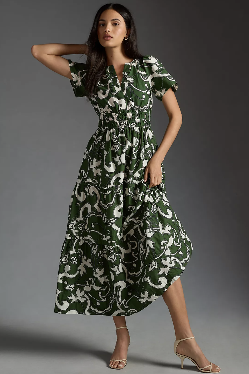 brunette model in white and green pattern The Somerset Maxi Dress (photo via Anthropologie)