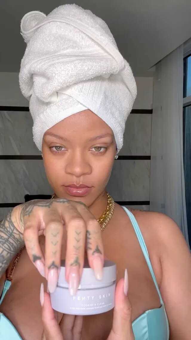 Rihanna Does Self-Care Saturday in a Matching Blue Bra and Short Set
