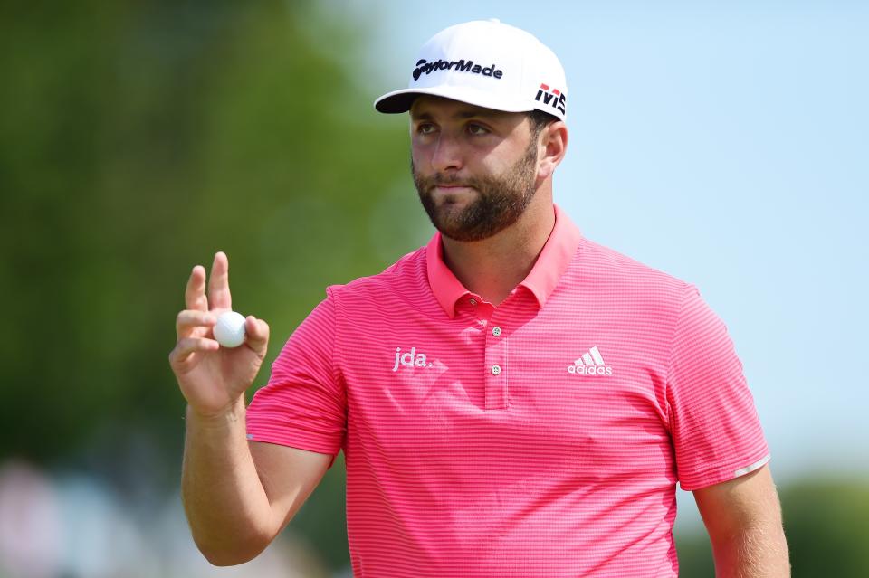 JERSEY CITY, NEW JERSEY - AUGUST 11: Jon Rahm of Spain reacts on the seventh green during the final round of The Northern Trust at Liberty National Golf Club on August 11, 2019 in Jersey City, New Jersey. (Photo by Jared C. Tilton/Getty Images)