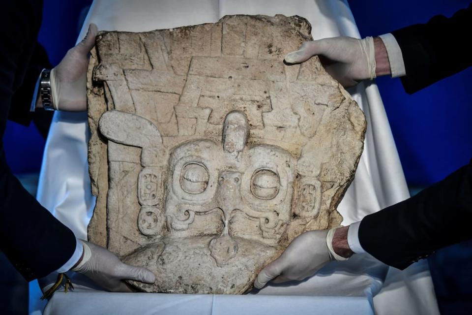 <div class="inline-image__caption"><p>Fragment of Mayan stela.</p></div> <div class="inline-image__credit">Stephane De Sakutin/AFP via Getty Images</div>