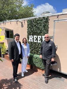 Romacorp Inc. CEO Ramon Bourgeois (left), REEF Director of Brand Success Chase Gerber (center) and Romacorp Inc. Senior Vice President of Culinary Bob Gallagher (right) stand in front of Tony Roma's first REEF-operated location in the Miami Brickell Area.