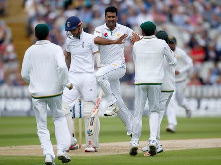 Britain Cricket - England v Pakistan - Third Test - Edgbaston - 3/8/16 Pakistan's Sohail Khan celebrates taking the wicket of England's Alex Hales Action Images via Reuters / Paul Childs