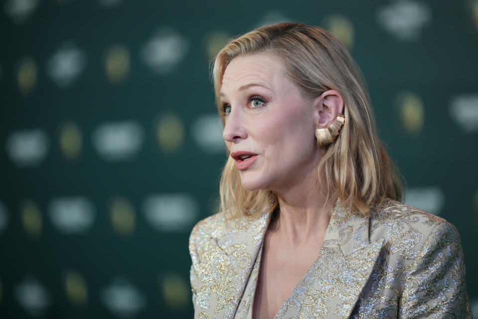 Cate Blanchett poses on the green carpet for the 2023 Earthshot Prize Awards in in Singapore, Tuesday, Nov. 7, 2023. (AP Photo/Vincent Thian)