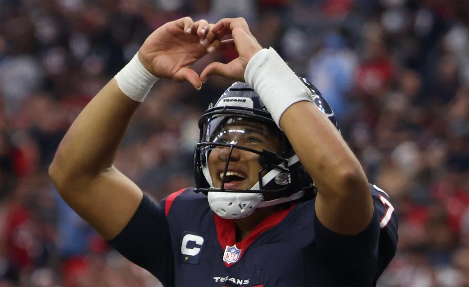 Houston Texans quarterback C.J. Stroud (7) celebrates his touchdown against the Tampa Bay Buccaneers in the fourth quarter at NRG Stadium.