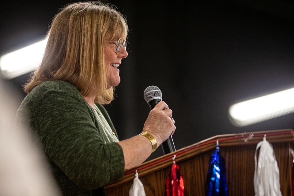 Paula Smith, mother of the late Marine Cpl. Zachary Kolda, speaks about her son at Kolda Elementary School's 10th anniversary celebration and Veterans Day event on Nov. 7, 2022, in Corpus Christi, Texas.