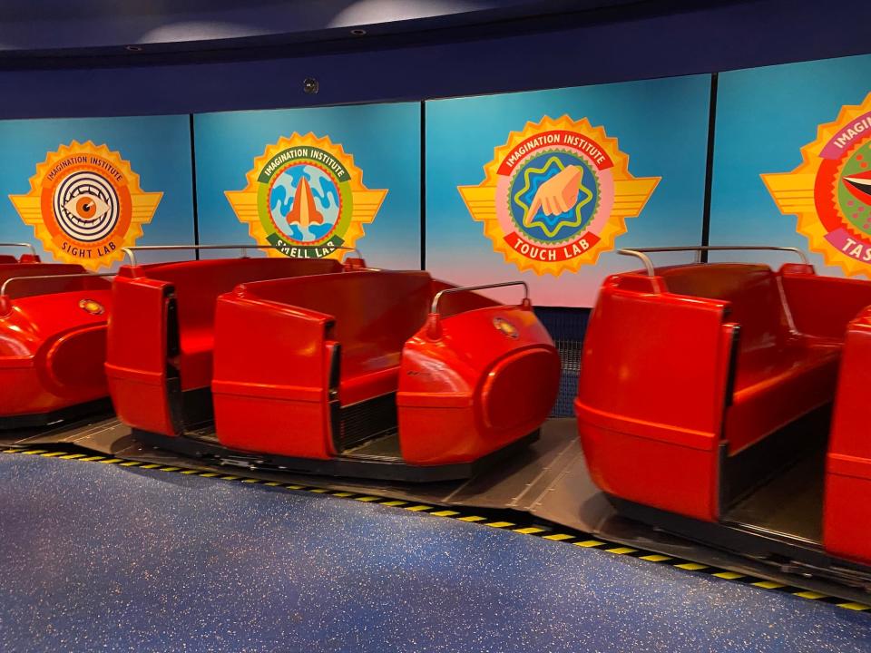 The ride vehicles inside Journey Into Imagination With Figment in August 2021.
