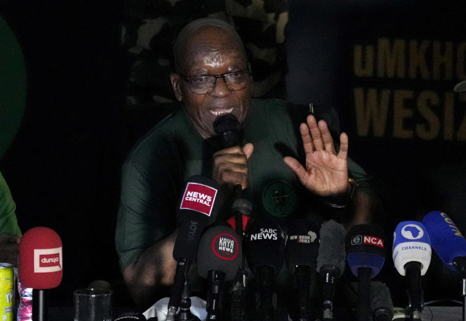 FILE - Former South African President Jacob Zuma speaks during a press conference in Soweto, South Africa, on Dec. 16, 2023, where Zuma gave his backing to a new party for this year's national elections. South Africa's ruling African National Congress is taking the independent electoral body and a rival political party fronted by the country's former leader, Zuma, to court, underscoring a fractious buildup to what could be its most pivotal election in 30 years. (AP Photo/Themba Hadebe, File)