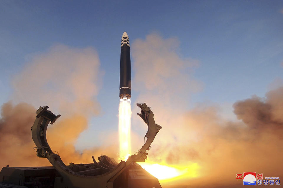 This photo provided by the North Korean government shows what it says is an intercontinental ballistic missile in a launching drill at the Sunan international airport in Pyongyang, North Korea, Thursday, March 16, 2023. Independent journalists were not given access to cover the event depicted in this image distributed by the North Korean government. The content of this image is as provided and cannot be independently verified. Korean language watermark on image as provided by source reads: "KCNA" which is the abbreviation for Korean Central News Agency. (Korean Central News Agency/Korea News Service via AP)