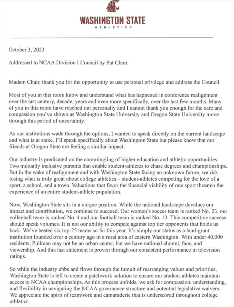 Message from Washington State athletics director Pat Chun to NCAA Division 1 Council. | Washington State Athletics