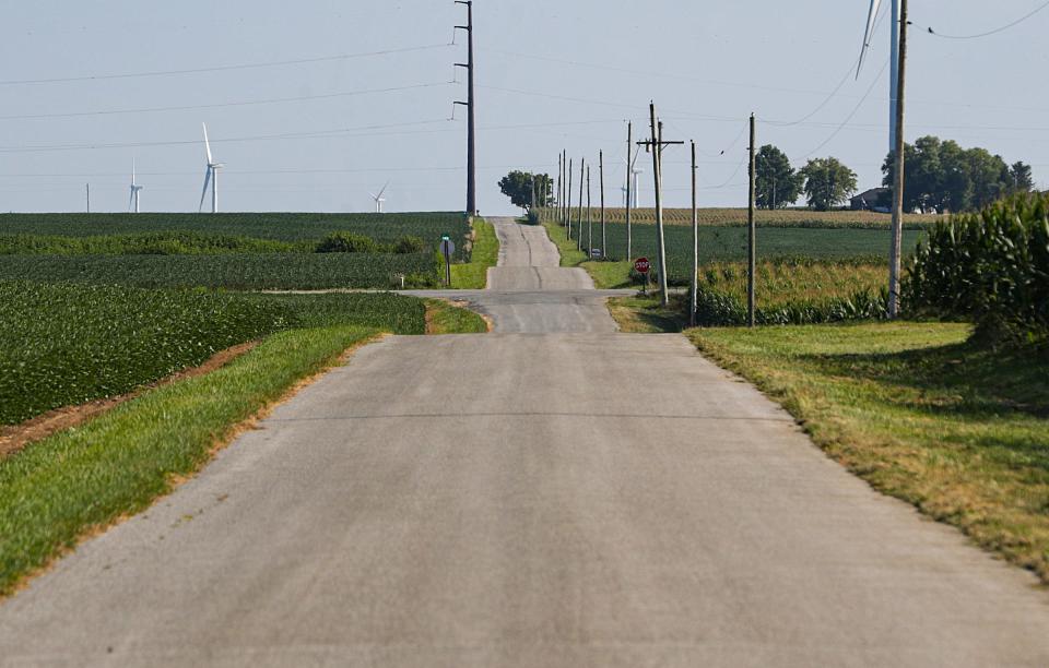 A rural stretch of road north of Lafayette, Indiana with corn fields lining both sides on Wednesday, August 4, 2021. There are more than 5 million acres of corn across the state, and roughly the same in soybeans, but there also are many other types of under-the-radar agriculture in Indiana.