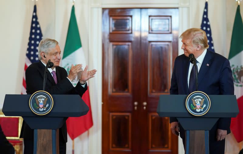 U.S. President Trump and Mexico’s President Lopez Obrador make joint statements before dinner at the White House in Washington