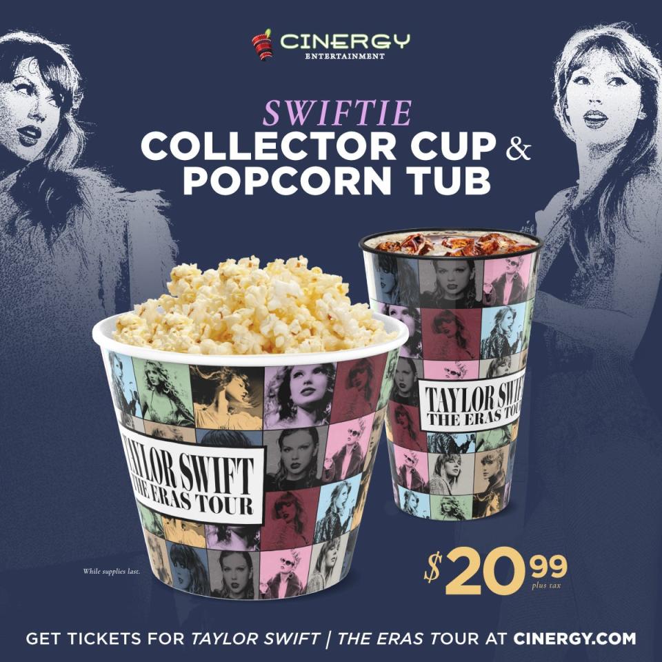 Starting Oct. 13 in celebration the release of "Taylor Swift: The Eras Tour," select Cinergy locations will offer collectible cups and popcorn tubs, themed menus and more.
