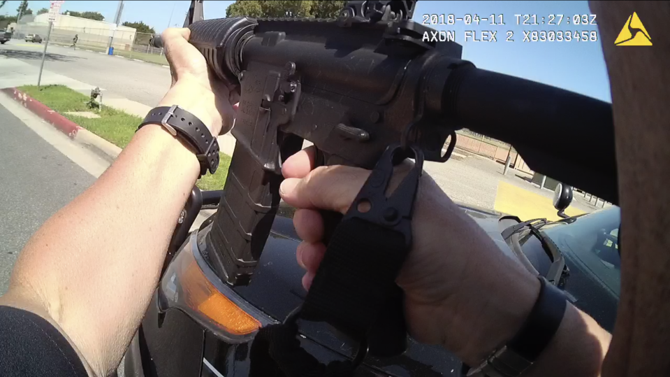 Body camera footage shows Kenneth Ross Jr., top left, running moments before police Sgt. Michael Robbins shot and killed him in April 2018 in Gardena, Calif. Robbins had transferred between police departments and had a history of three shootings. California’s Senate Bill 2 is named after Ross and aims to hold the state's roughly 80,000 law enforcement officers accountable by decertifying those who engage in serious misconduct, effectively preventing them from policing in California.