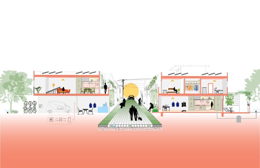 A digital drawing shows a cross-section of an alley way surrounded by low-rise housing and work spaces.