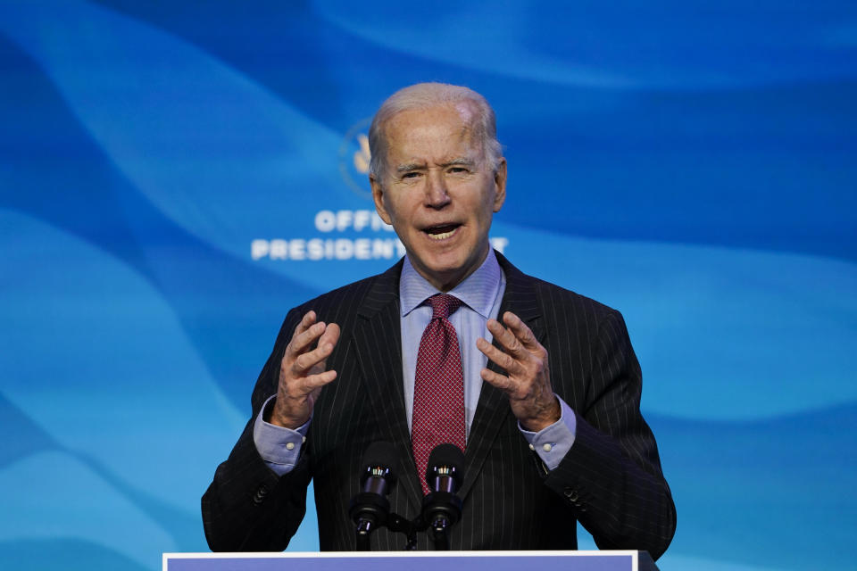 President-elect Joe Biden speaks during an event at The Queen theater in Wilmington, Del., Friday, Jan. 8, 2021, to announce key administration posts. (AP Photo/Susan Walsh)